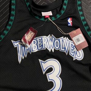 Marbury Timberwolves Mitchell & Ness Black and Green Basketball Jersey